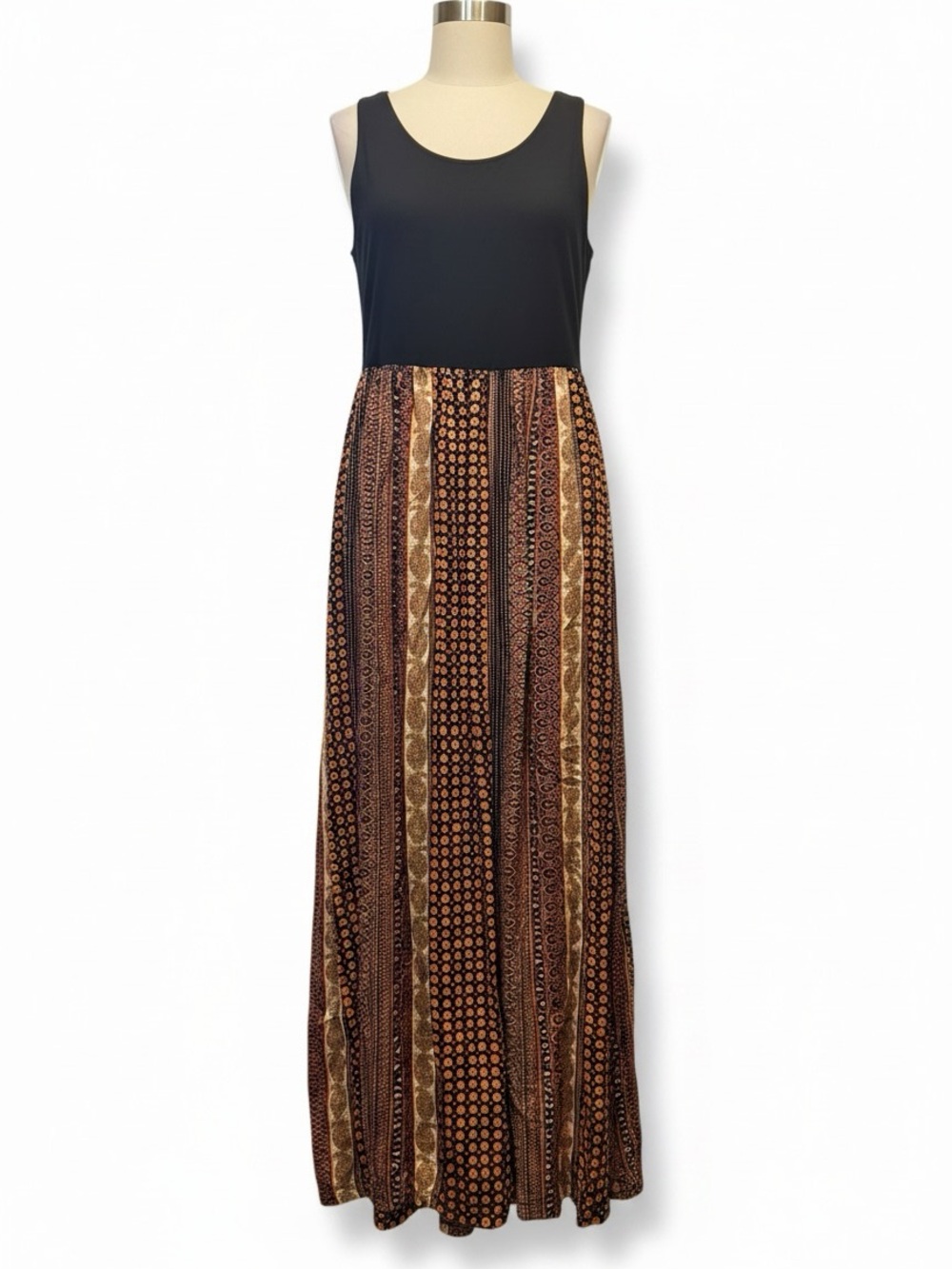 Rachel Zoe Black Sleeveless Maxi with Brown Patterned Skirt